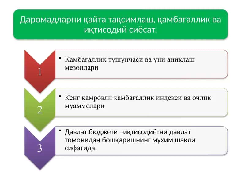 Даромадларни қайта тақсимлаш, қамбағаллик ва иқтисодий сиёсат. 1
