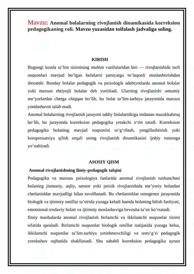 Anomal bolalarning rivojlanish dinamikasi