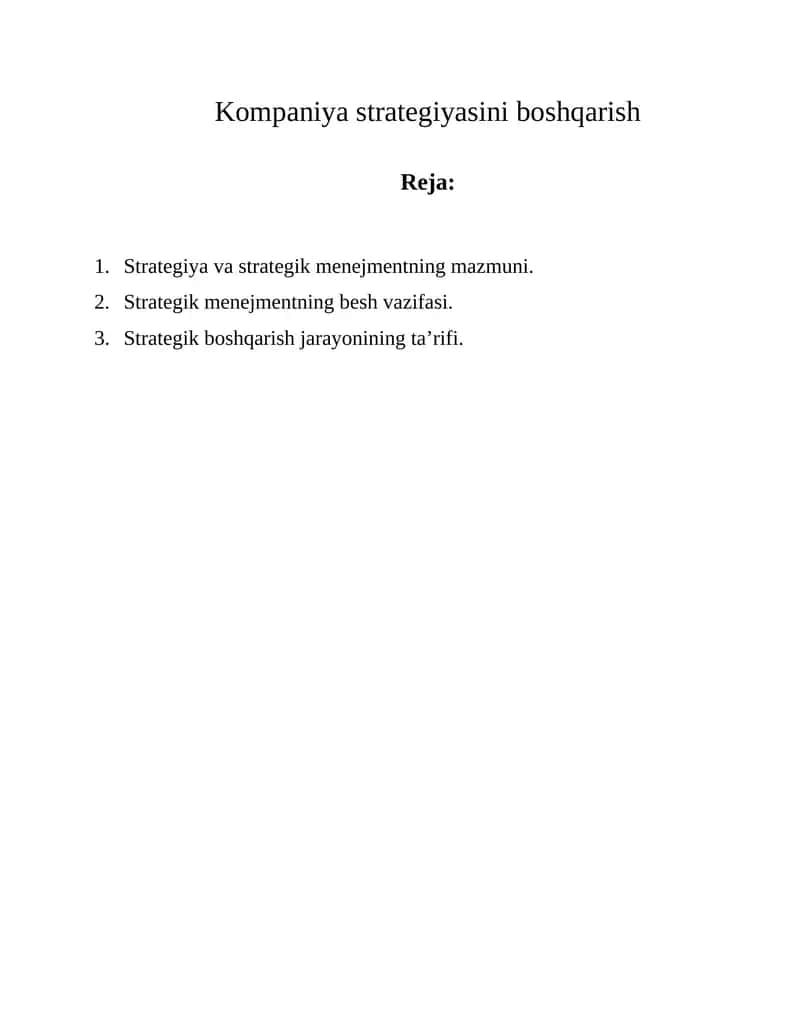 Kompaniya strategiyasini boshqarish 1