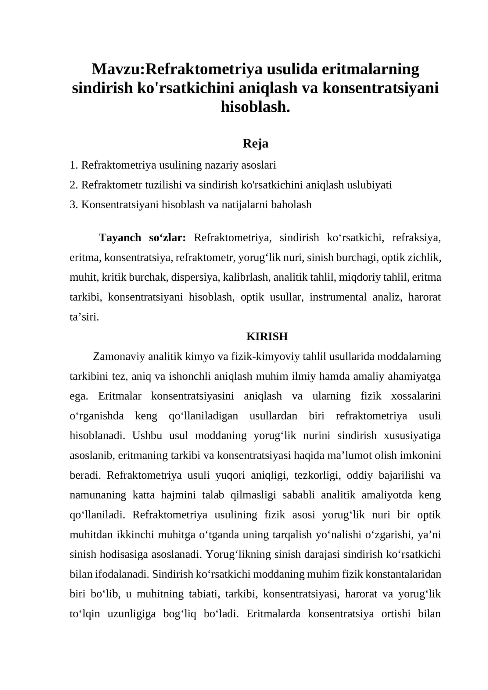Refraktometriya usulida eritmalarning sindirish ko'rsatkichini aniqlash va konsentratsiyani hisoblash. 1