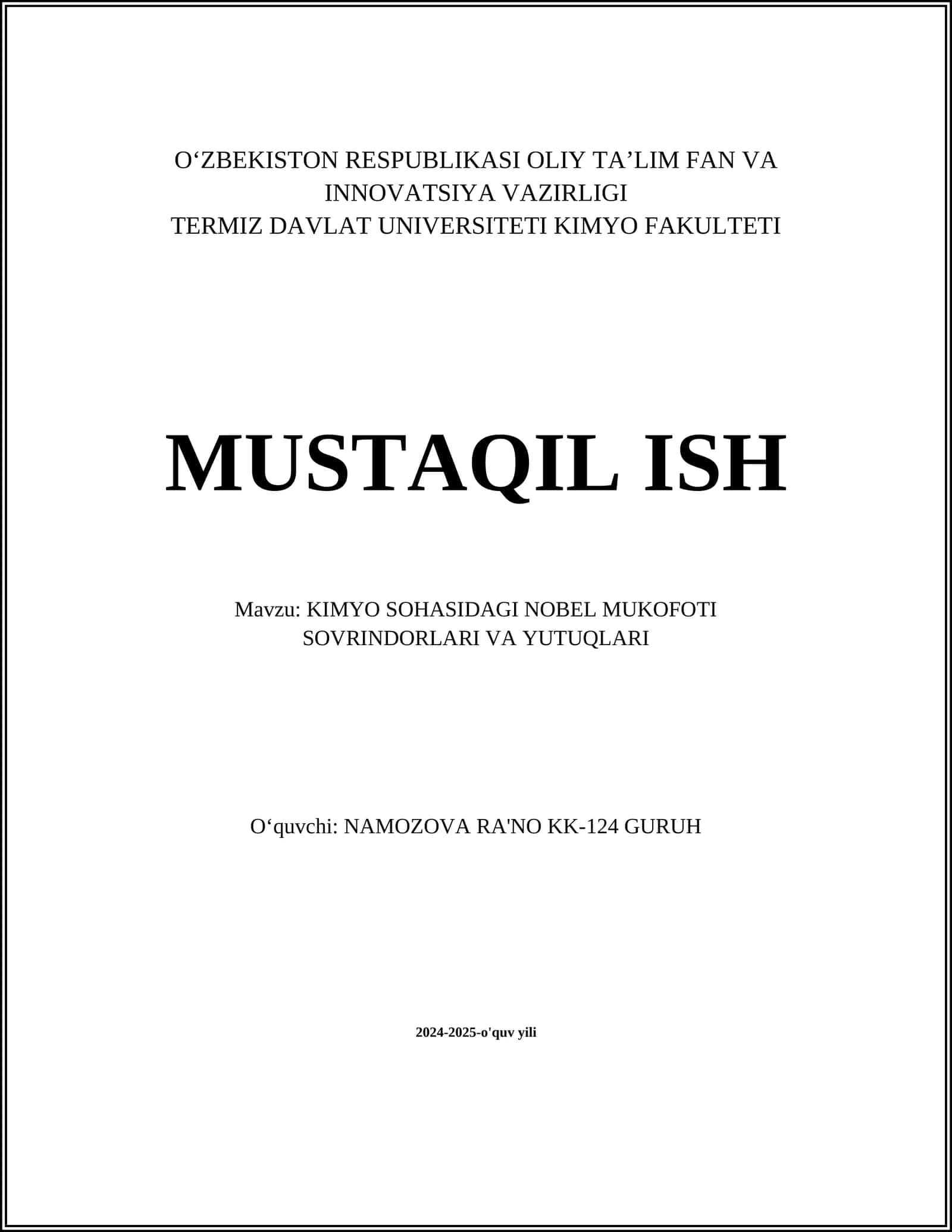 KIMYO SOHASIDAGI NOBEL MUKOFOTI 1