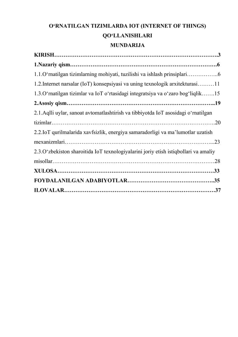 O‘RNATILGAN TIZIMLARDA IOT (INTERNET OF THINGS) QO‘LLANISHLARI 1