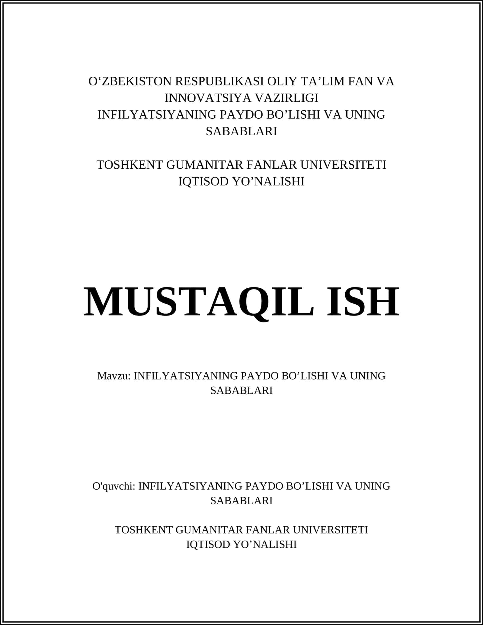 INFILYATSIYANING PAYDO BO’LISHI VA UNING SABABLARI 1