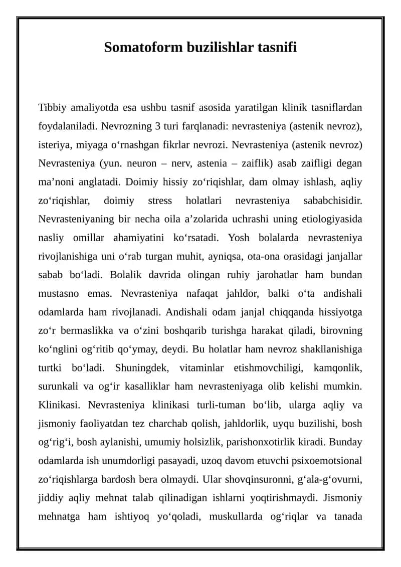 Somatoform buzilishlar tasnifi 1