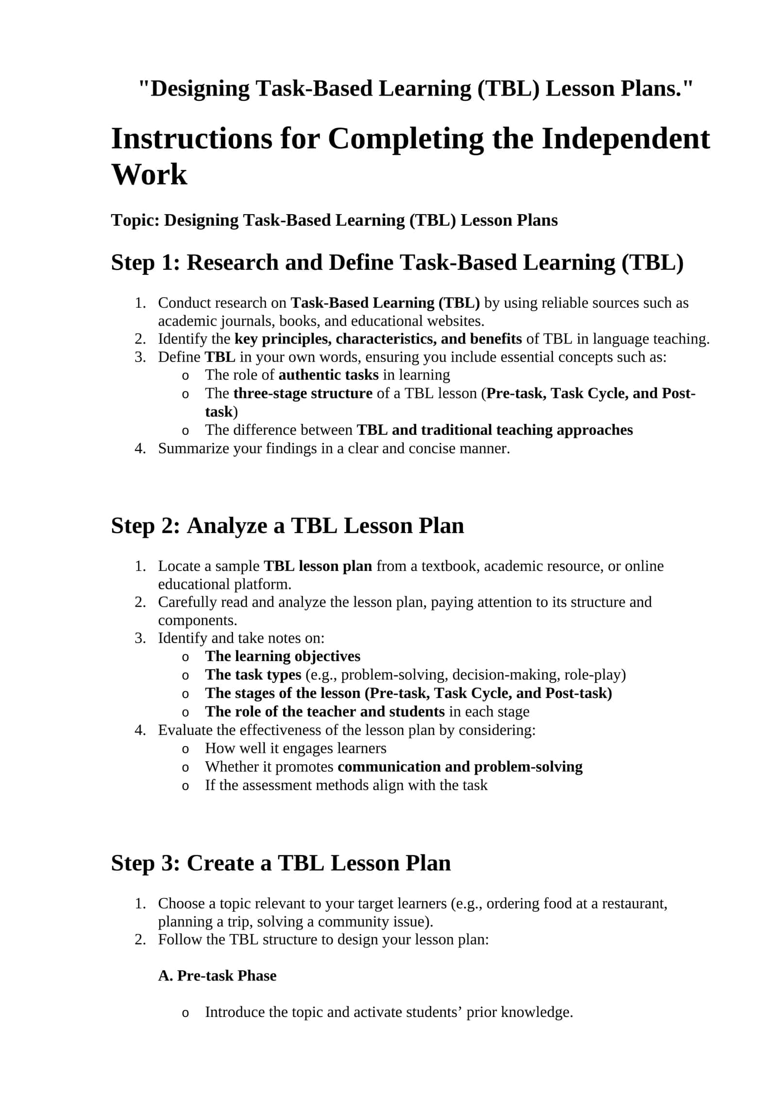 Designing Task-Based Learning (TBL) Lesson Plans 1