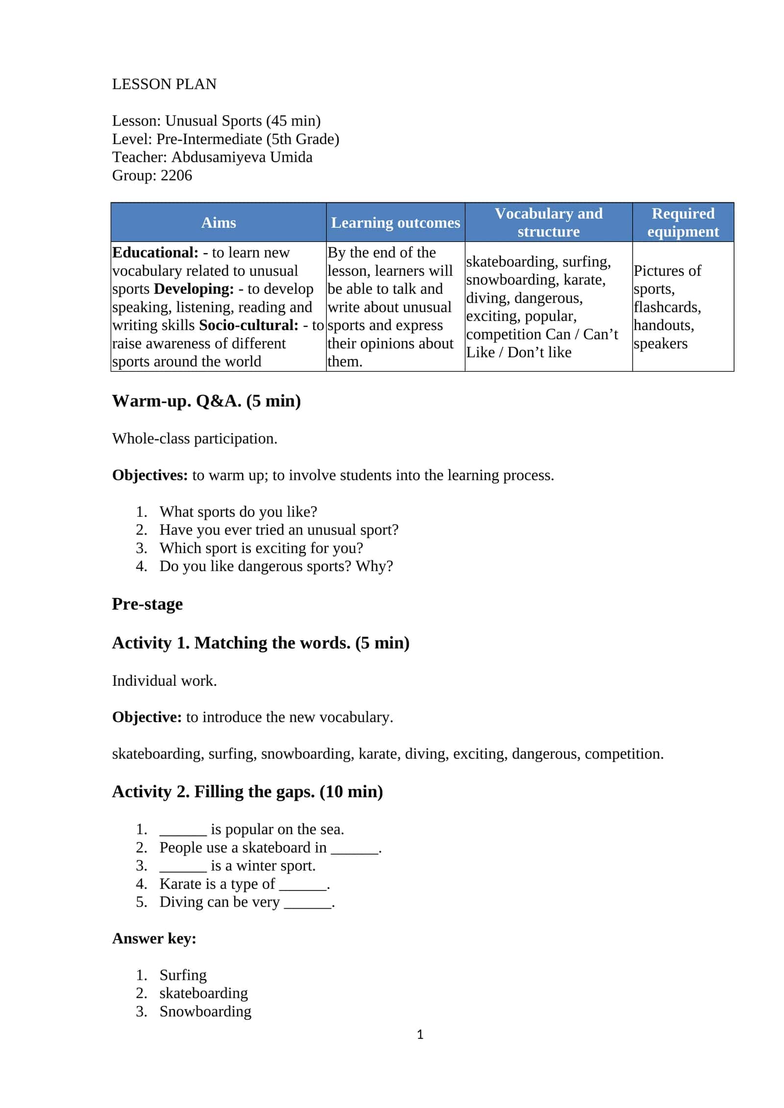 Lesson Plan: Unusual Sports 1