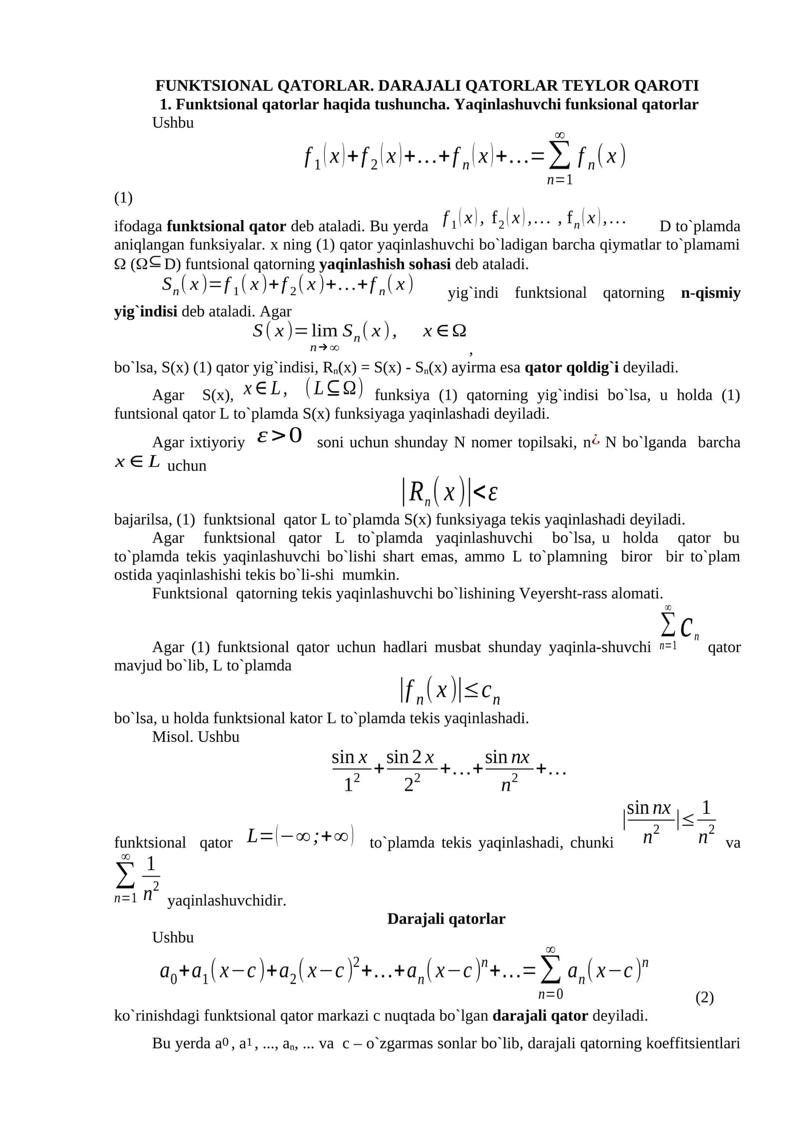 FUNKTSIONAL QATORLAR. DARAJALI QATORLAR TEYLOR QAROTI 1