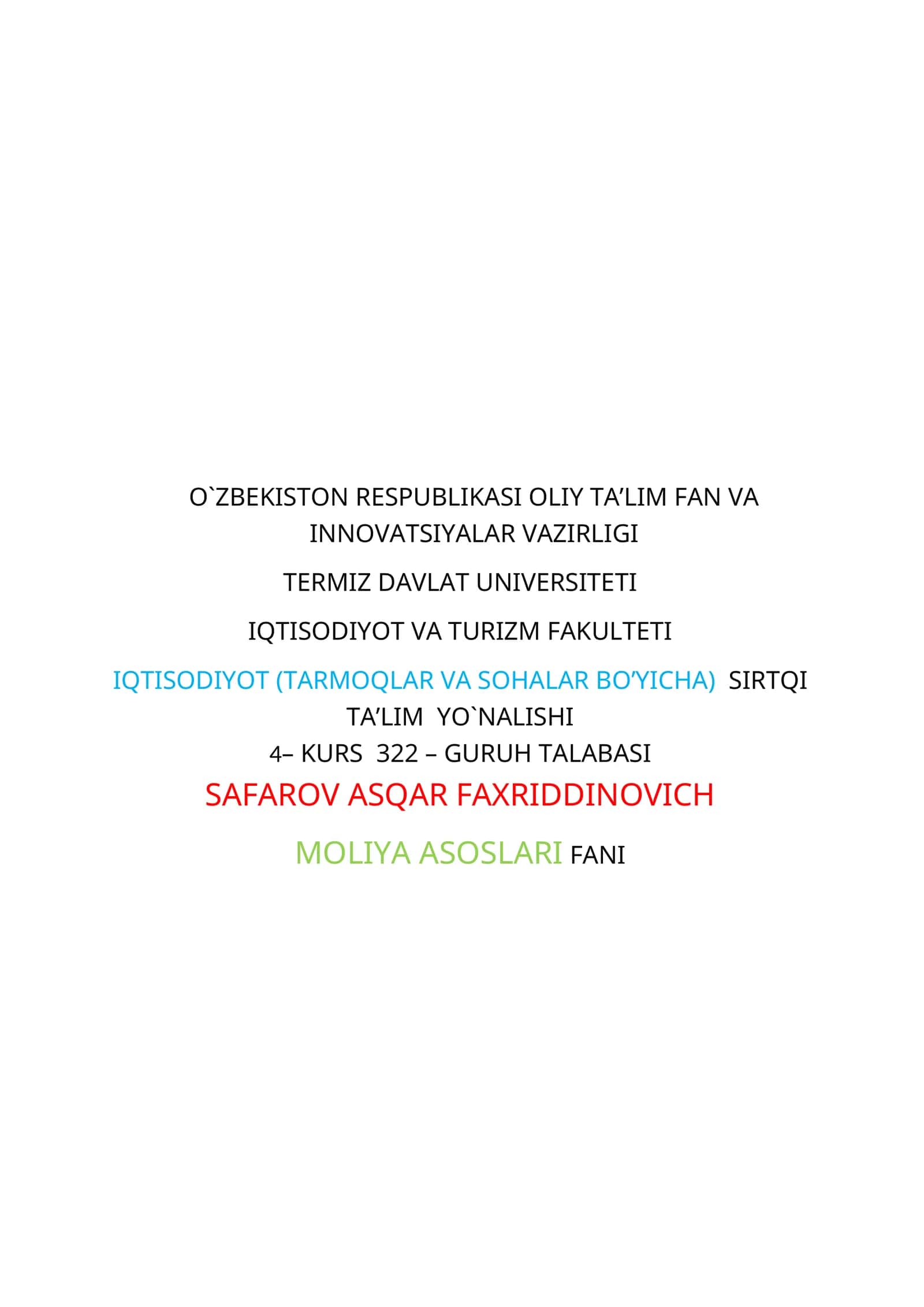 MOLIYA ASOSLARI FANI 1