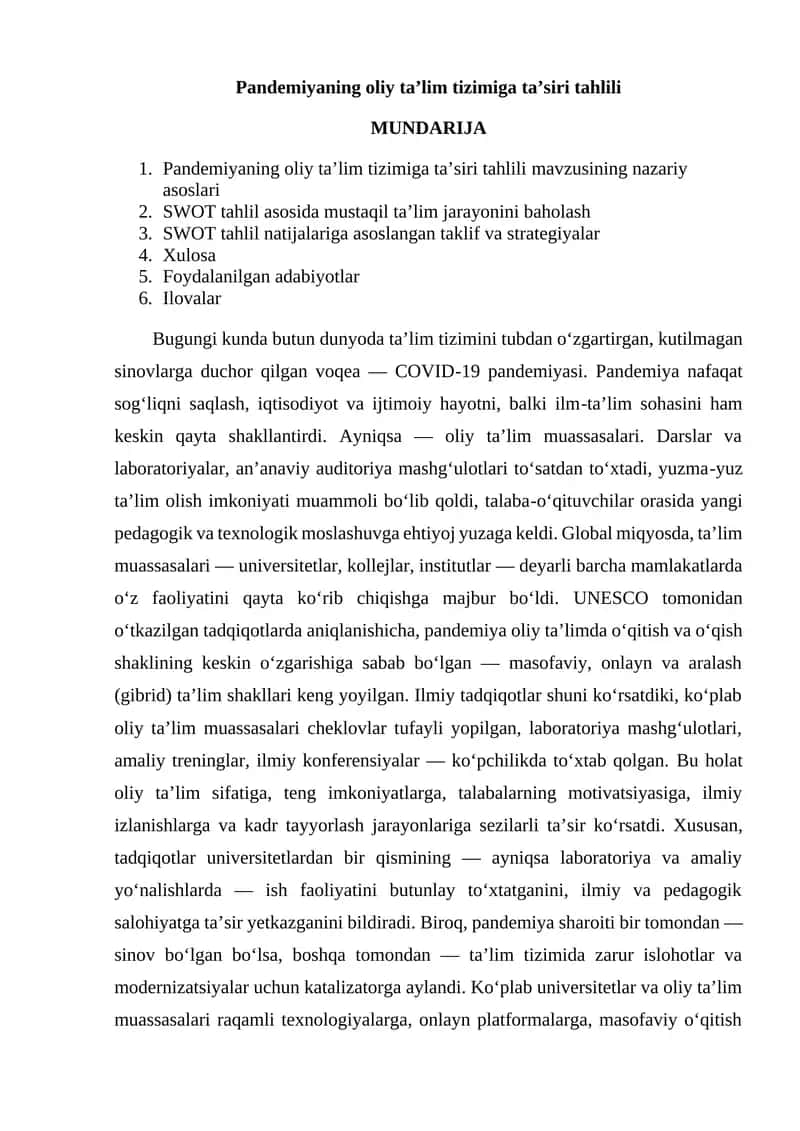 Pandemiyaning oliy ta’lim tizimiga ta’siri tahlili 1