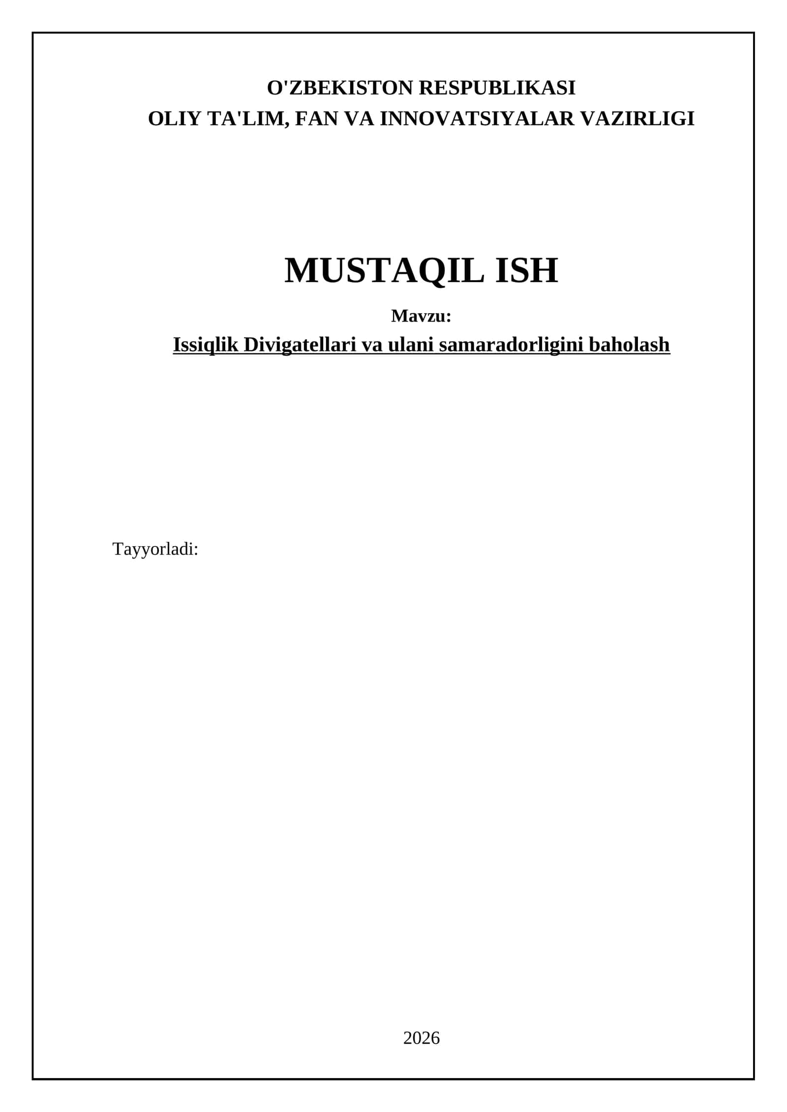 Issiqlik Divigatellari va ulani samaradorligini baholash 1