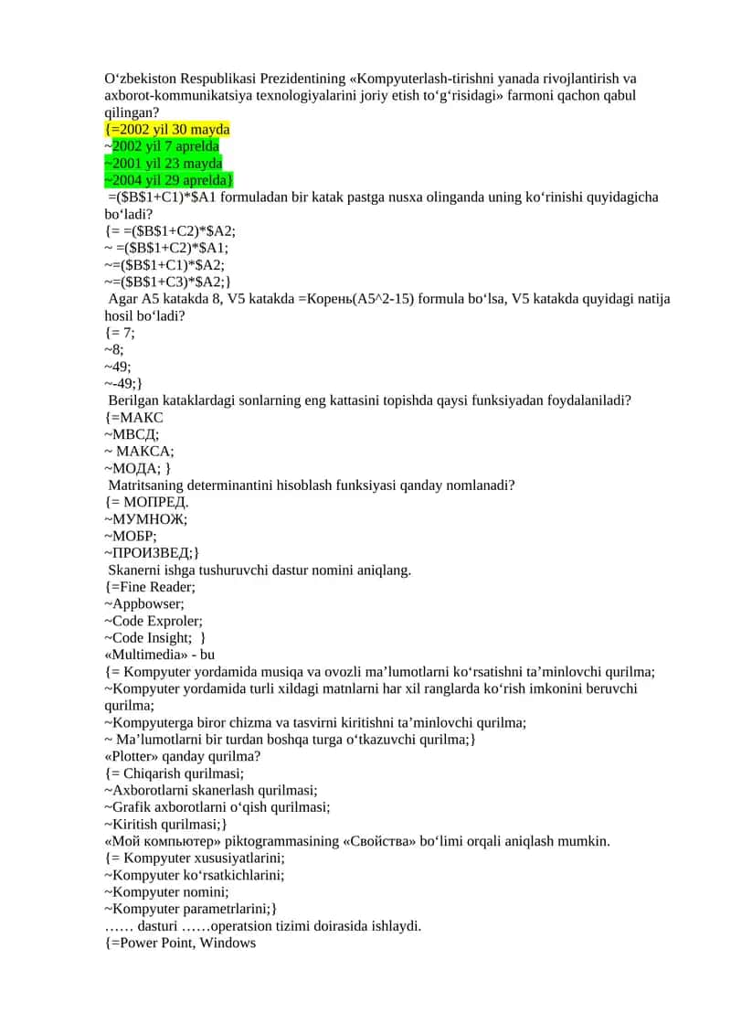 Informatika fanidan  400 ta test savollari va javoblari. 1