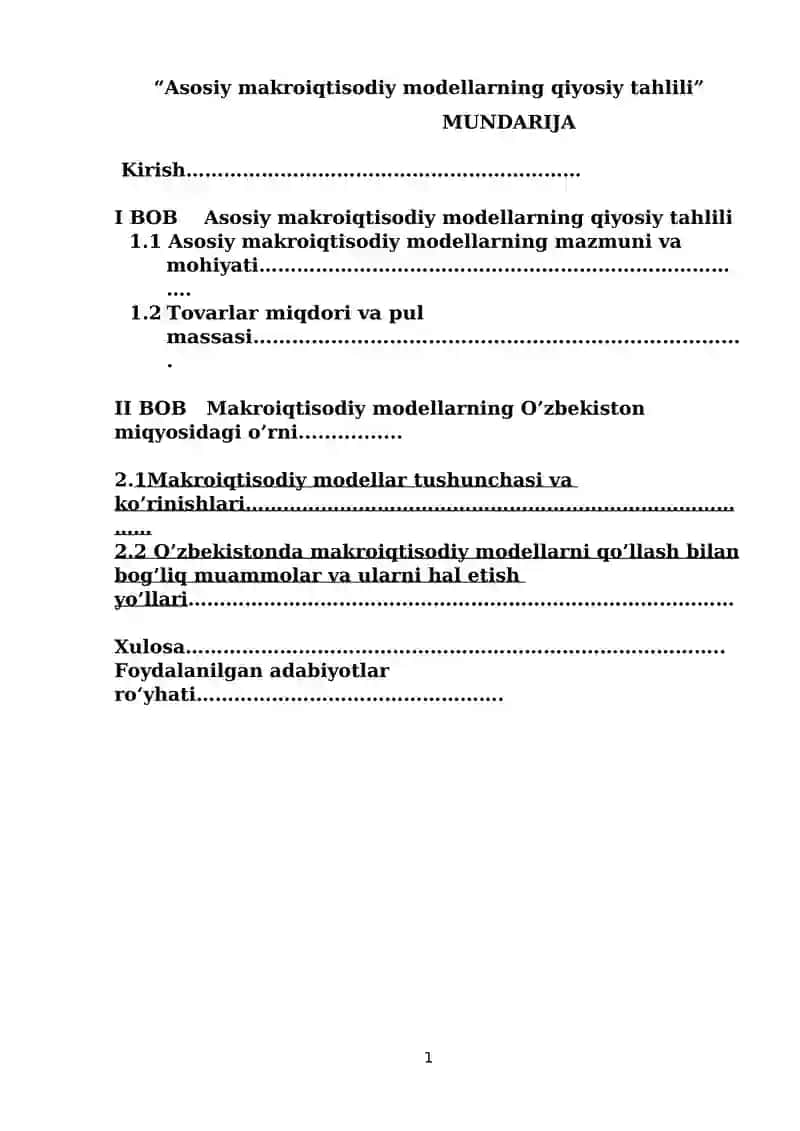 Asosiy makroiqtisodiy modellarning qiyosiy tahlili