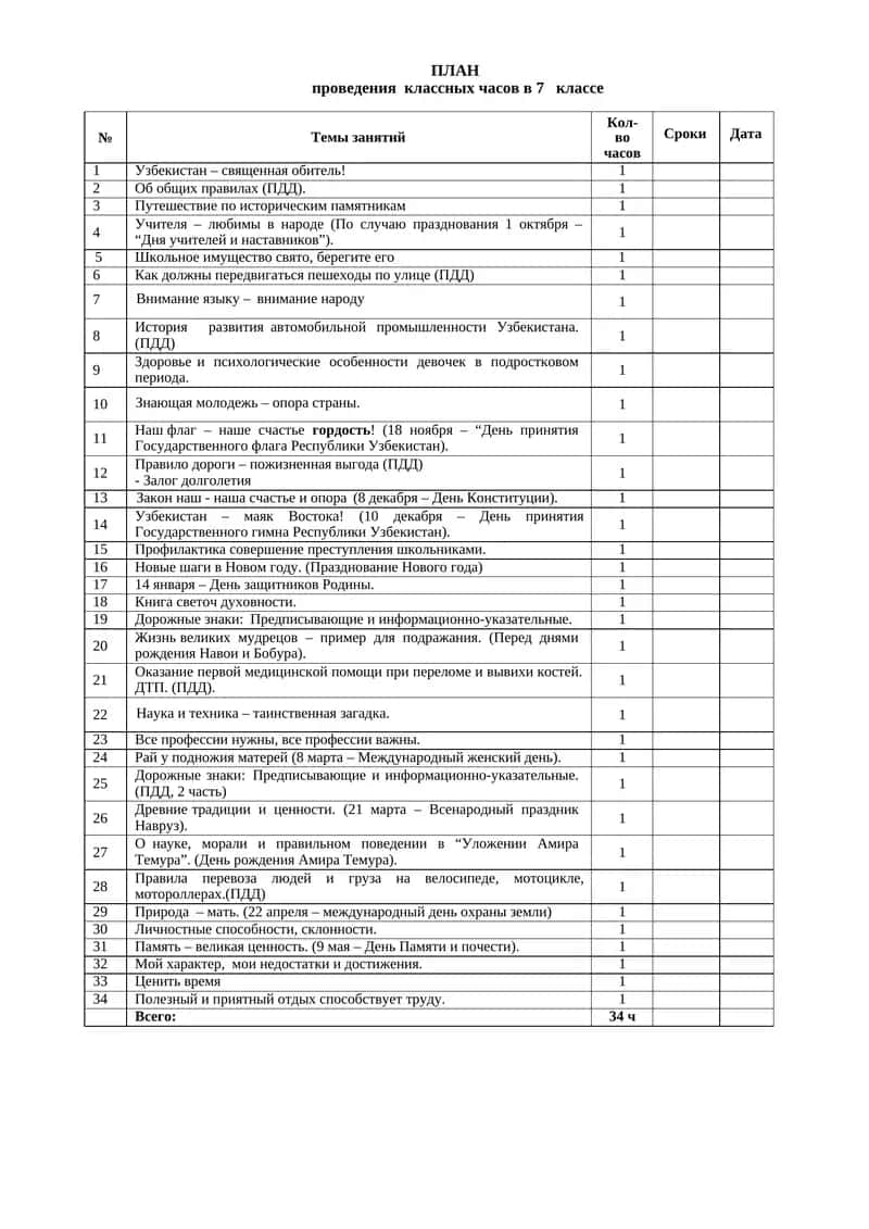 ПЛАН проведения классных часов в 7 классе 1
