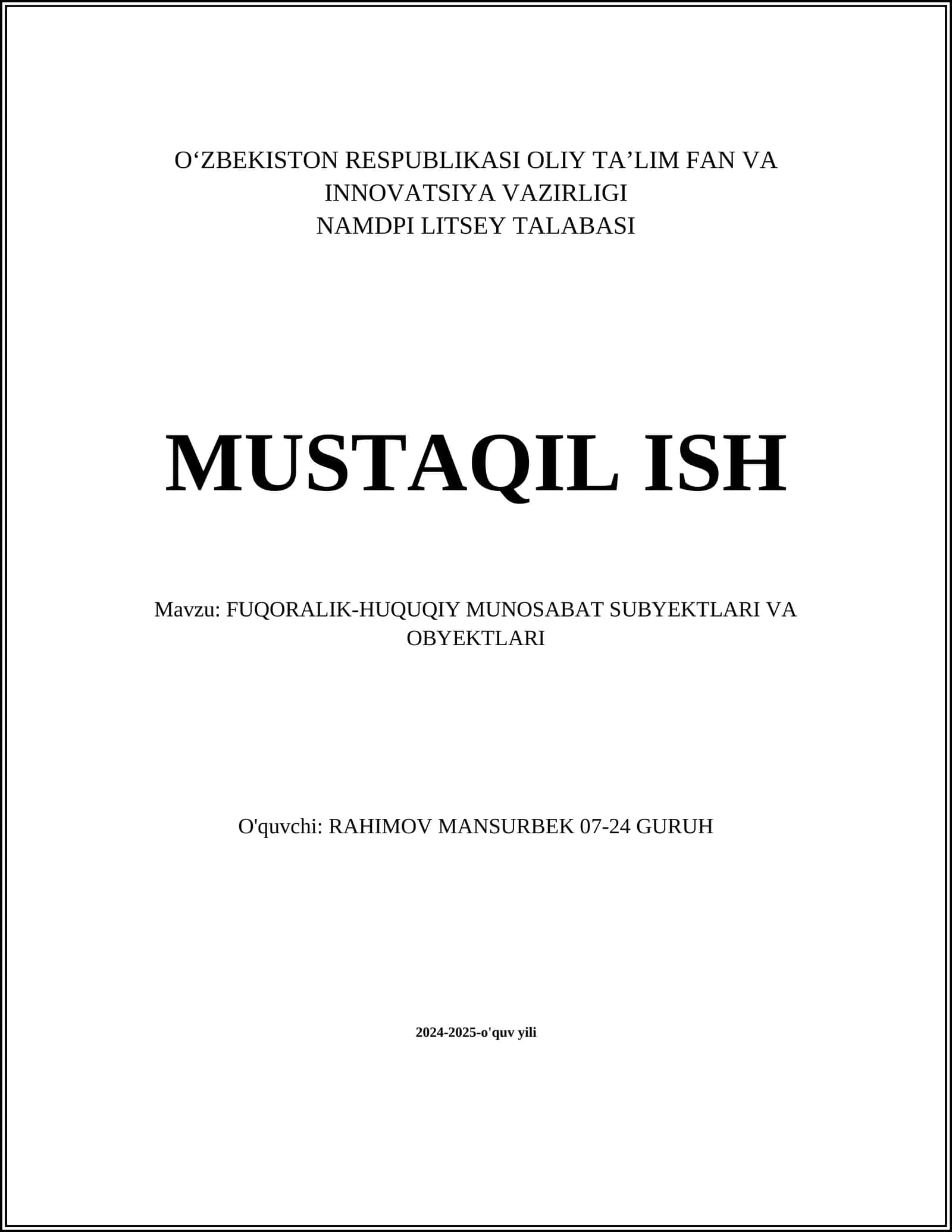 FUQORALIK-HUQUQIY MUNOSABAT SUBYEKTLARI VA OBYEKTLARI 1