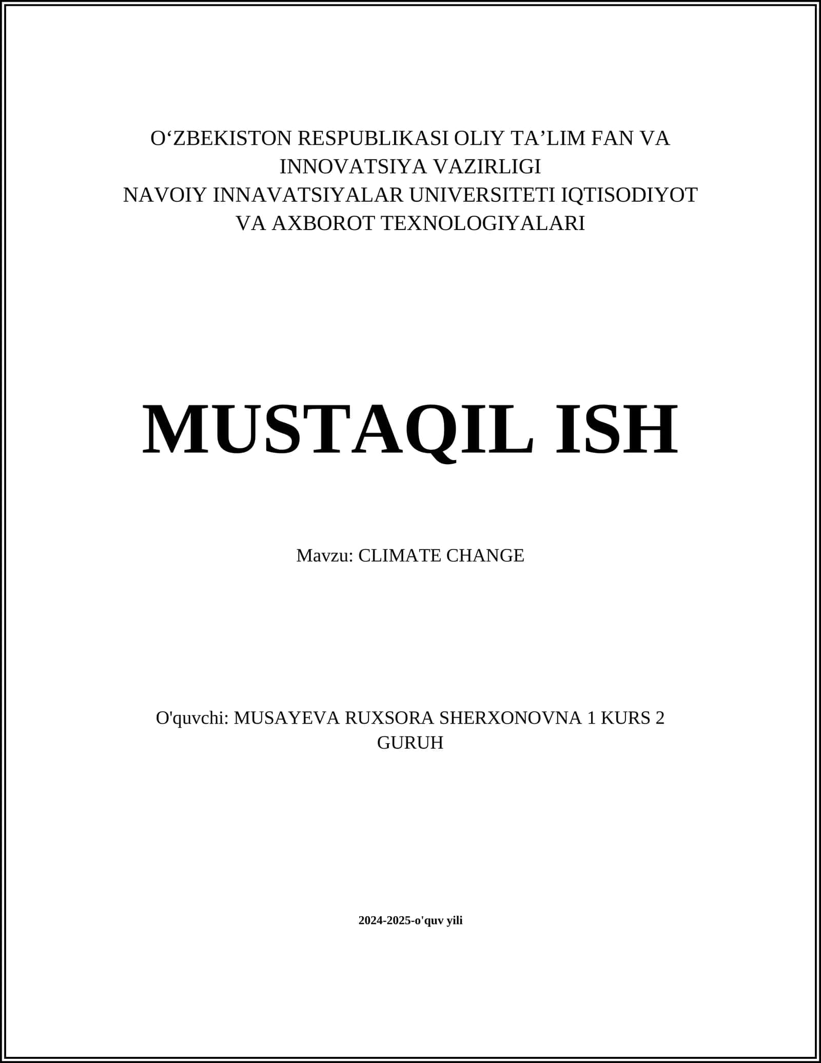 MUSTAQIL ISH Mavzu: CLIMATE CHANGE 1