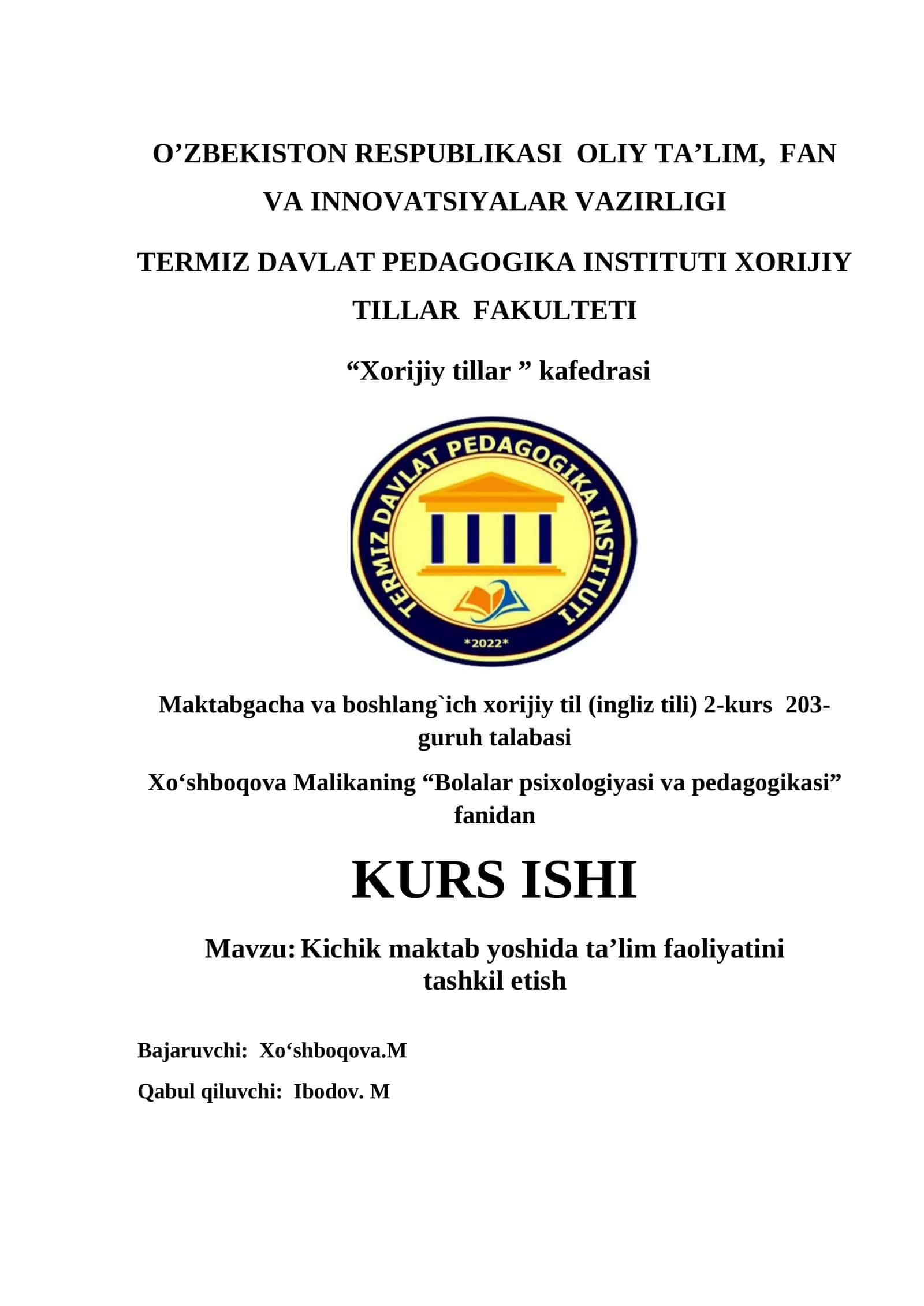Kichik maktab yoshida ta’lim faoliyatini tashkil etish 1