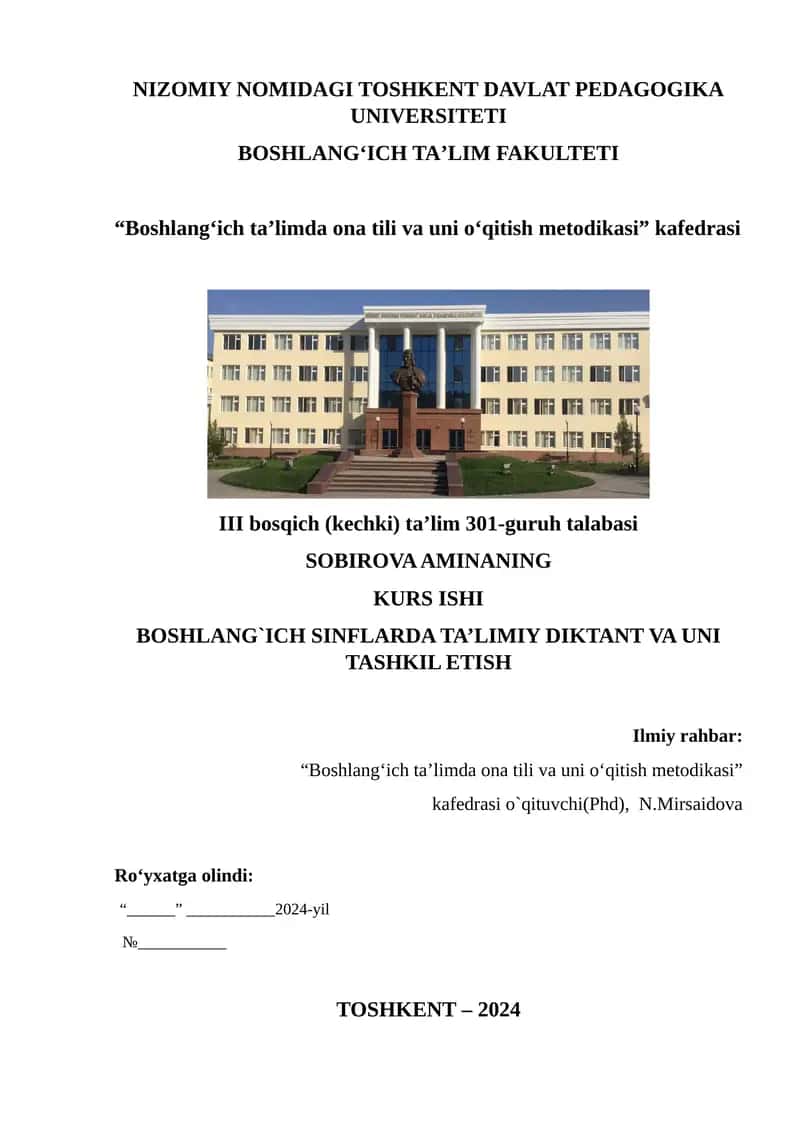 BOSHLANG`ICH SINFLARDA TA’LIMIY DIKTANT VA UNI TASHKIL ETISH 1