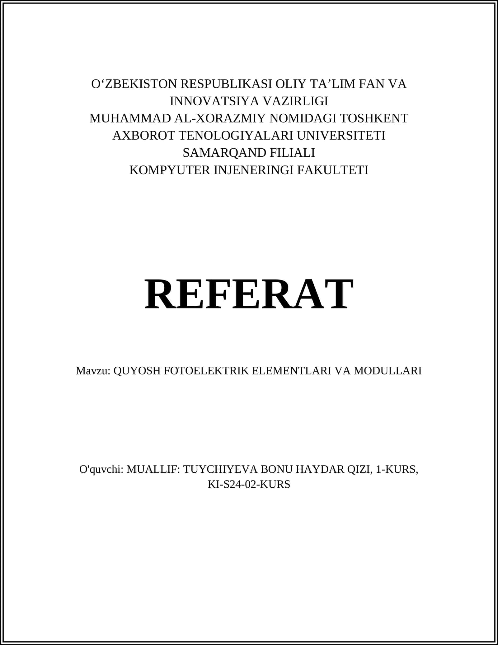QUYOSH FOTOELEKTRIK ELEMENTLARI VA MODULLARI 1