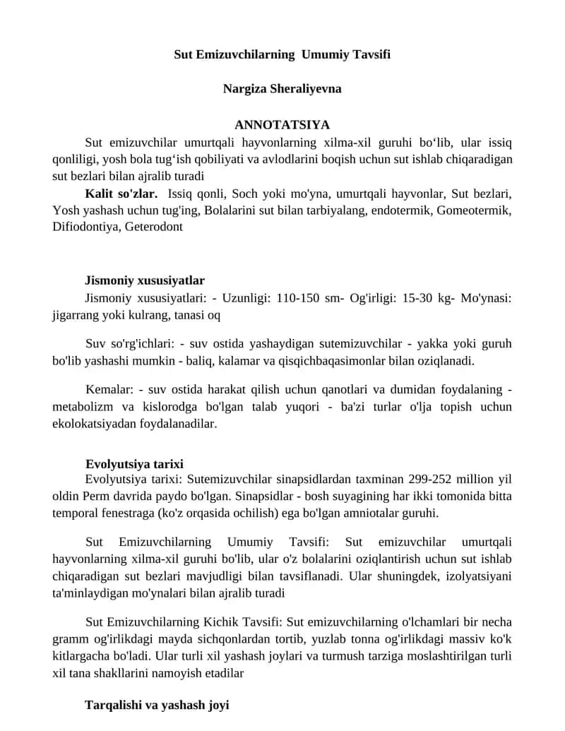 Sut Emizuvchilarning Umumiy Tavsifi 1