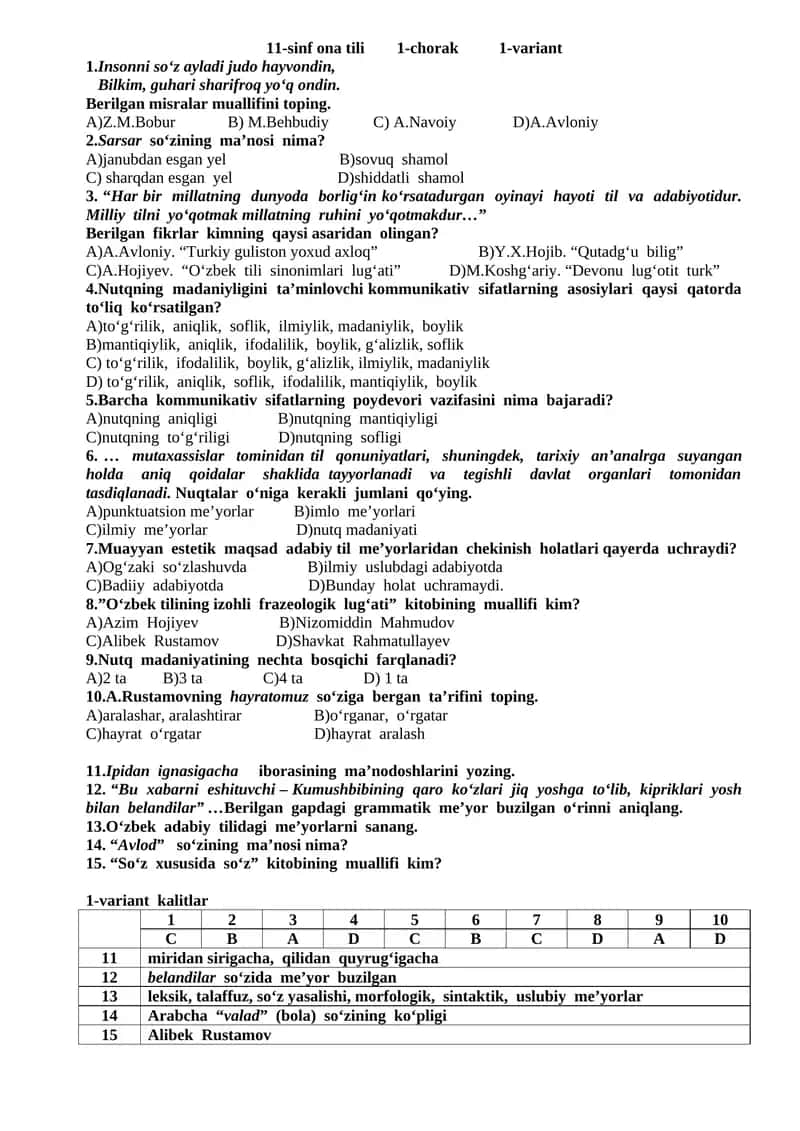 11-sinf ona tili 1-chorak 1-variant 1