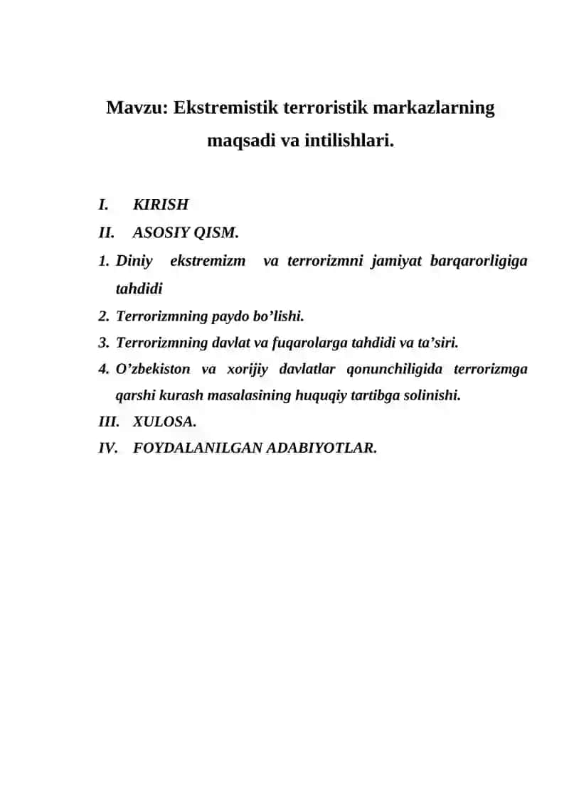 Ekstremistik terroristik markazlarning maqsadi va intilishlari