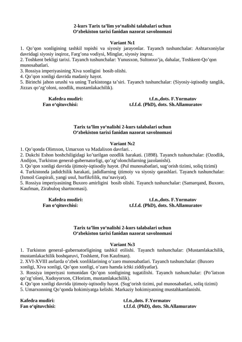 O‘zbekiston tarixi fanidan nazorat savolnomasi 1