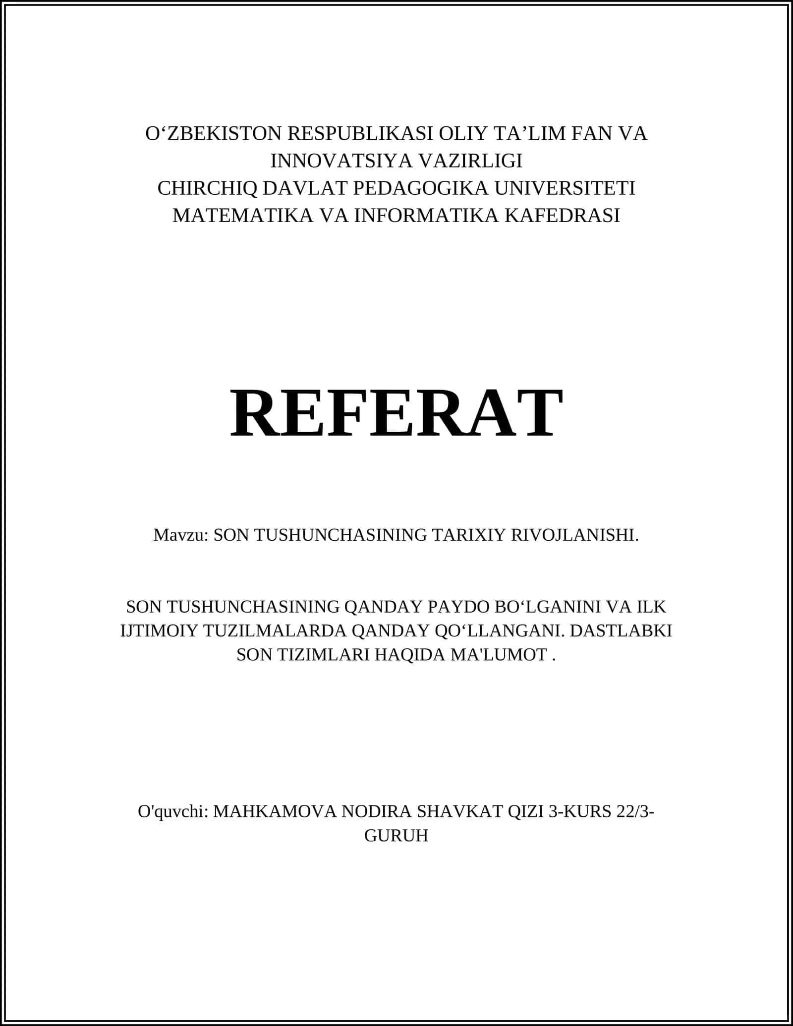 SON TUSHUNCHASINING TARIXIY RIVOJLANISHI 1