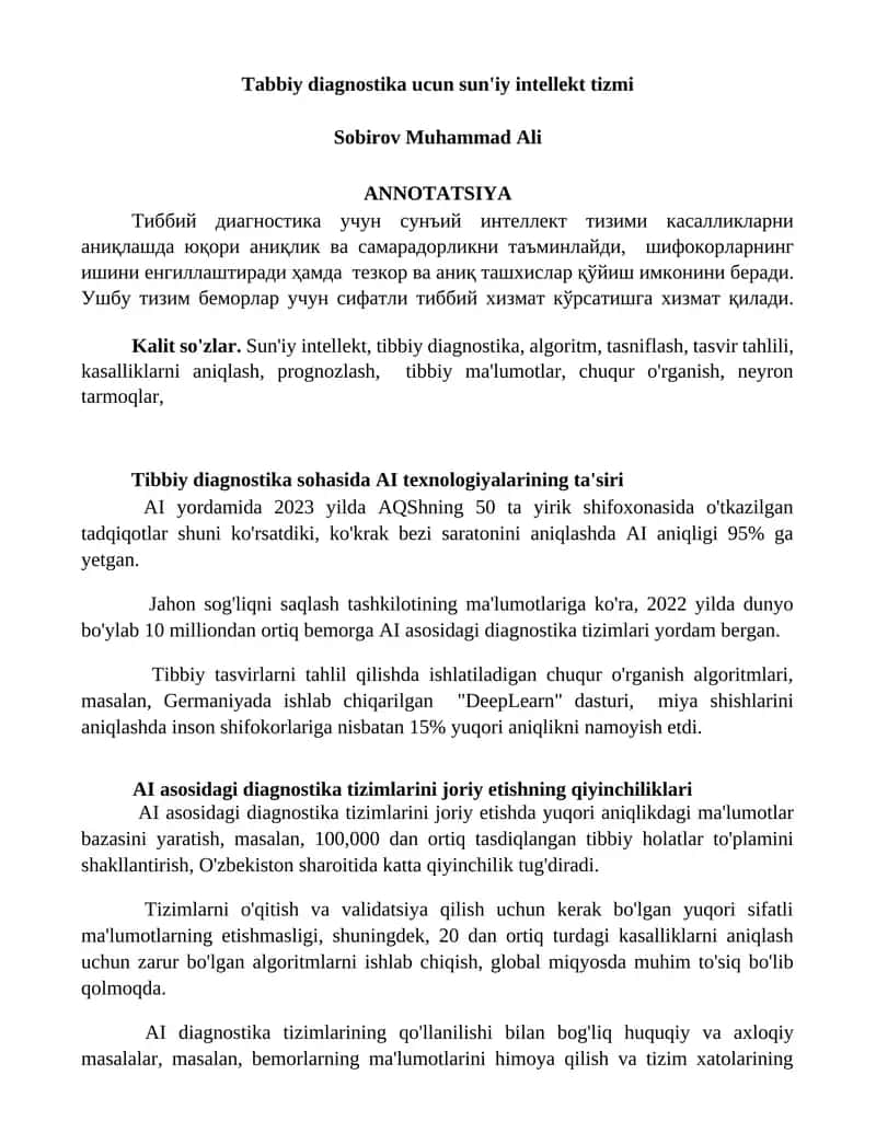 Tibbiy diagnostika ucun sun'iy intellekt tizmi 1