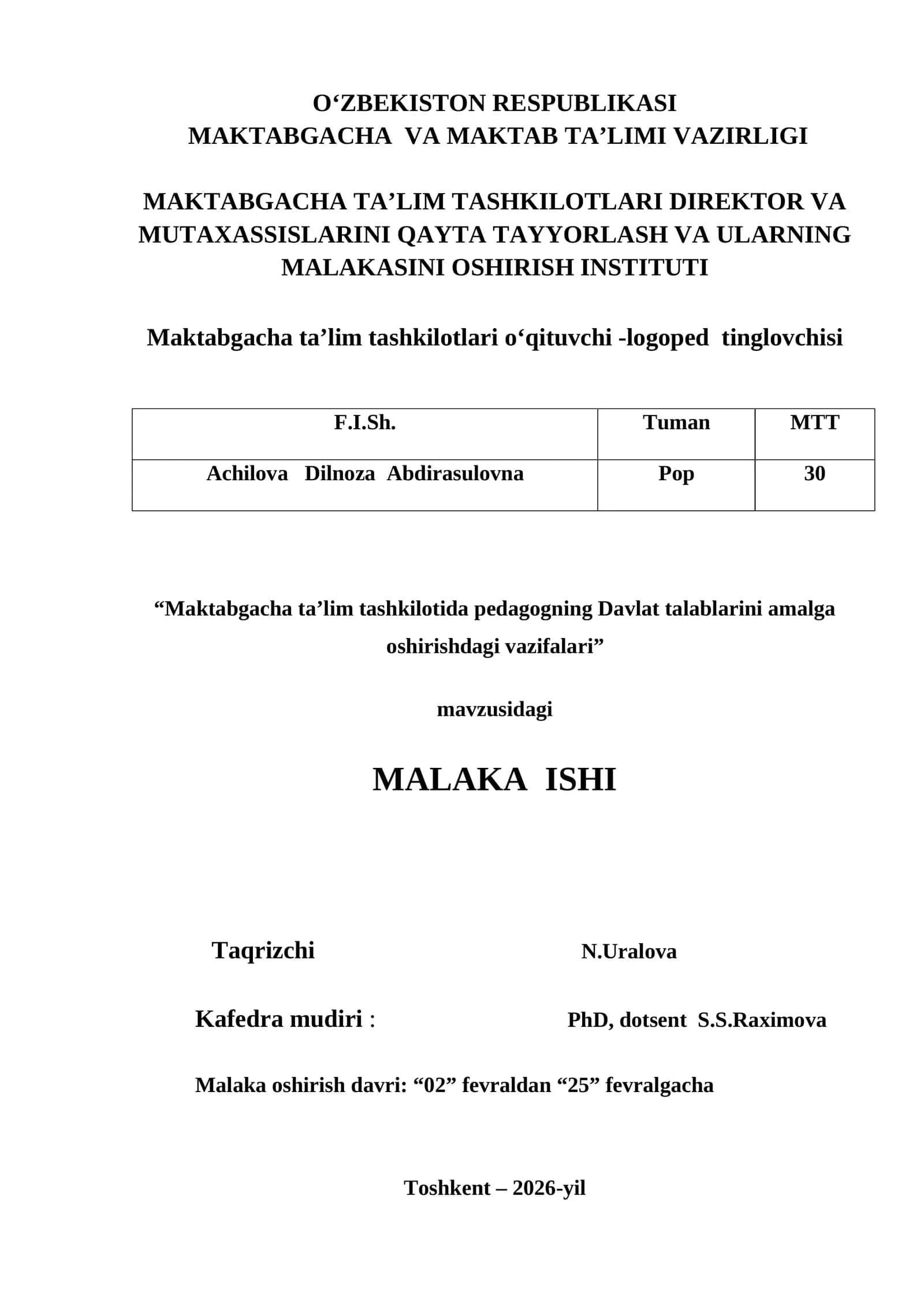 Maktabgacha ta’lim tashkilotlari o‘qituvchi -logoped tinglovchisi 1