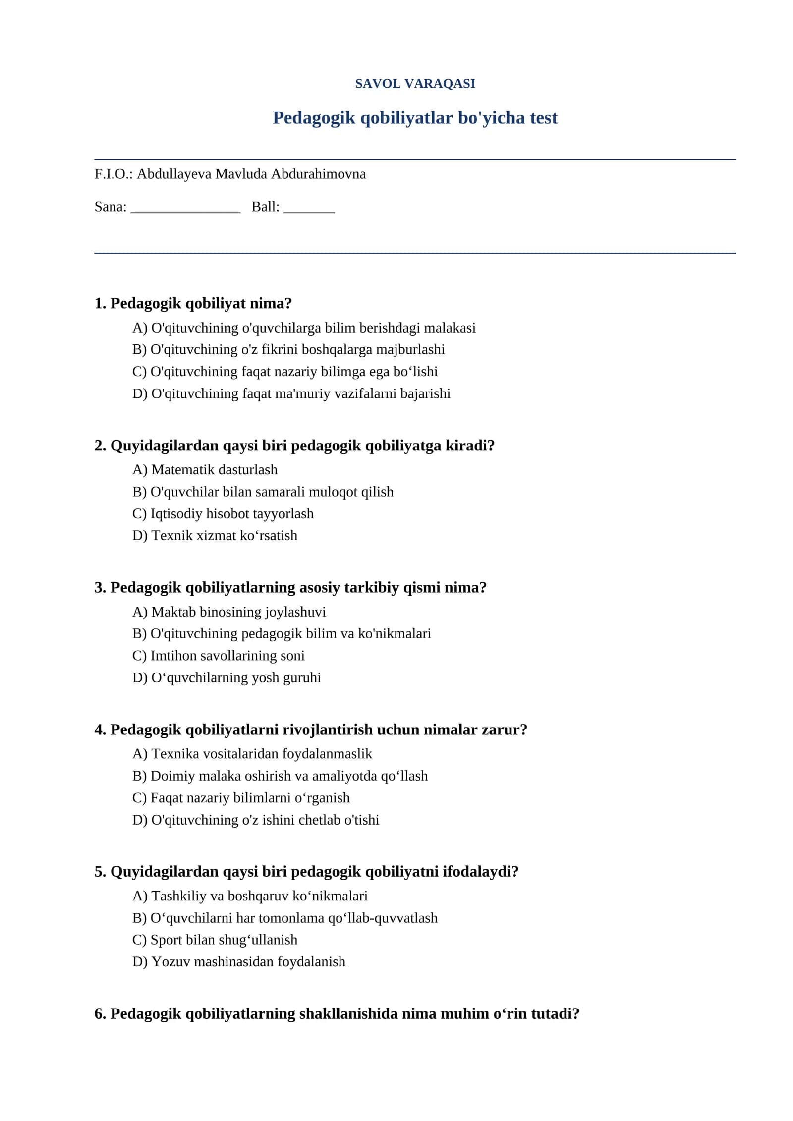 Pedagogik qobiliyatlar bo'yicha test 1