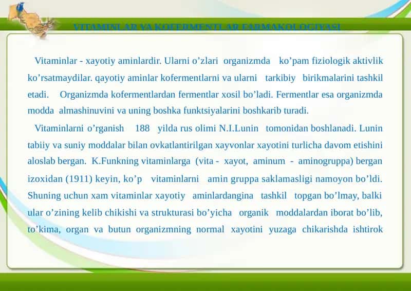 VITAMINLAR VA KOFERMENTLAR FARMAKOLOGIYASI 1