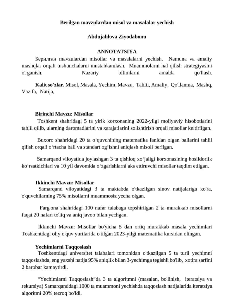 Berilgan mavzulardan misol va masalalar yechish 1