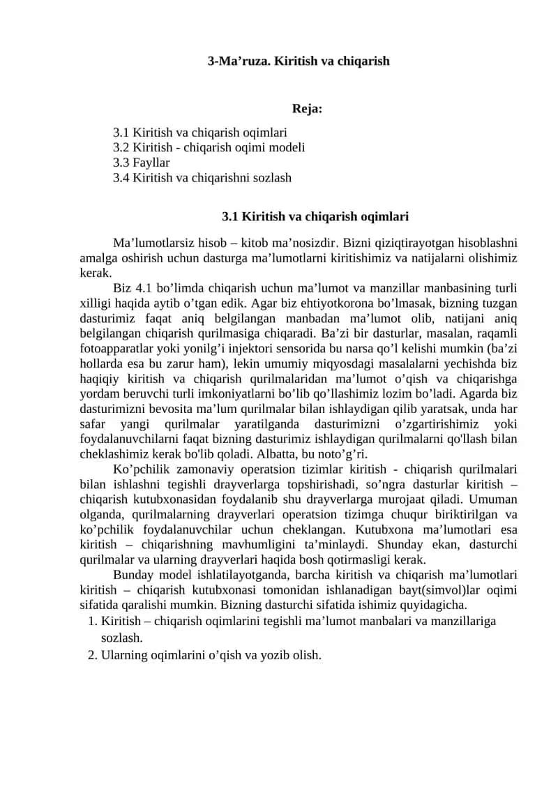 Ma’lumotlar bazasi kiritish- chiqarish 1