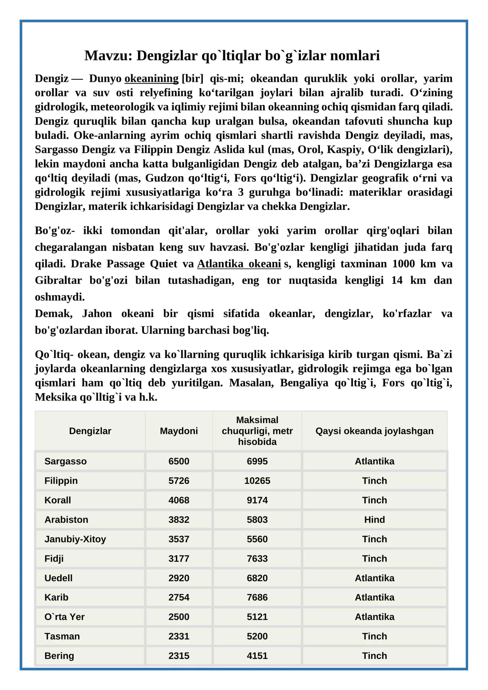 Dengizlar qo`ltiqlar bo`g`izlar nomlari 1