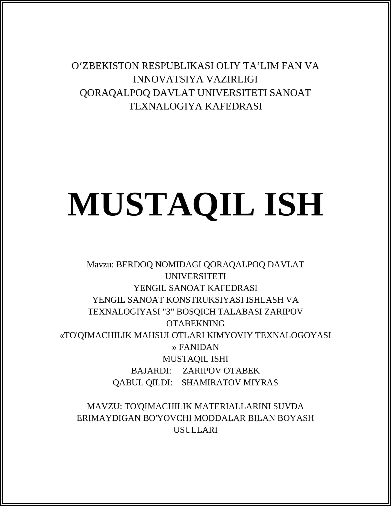TO'QIMACHILIK MATERIALLARINI SUVDA ERIMAYDIGAN BO'YOVCHI MODDALAR BILAN BOYASH USULLARI 1