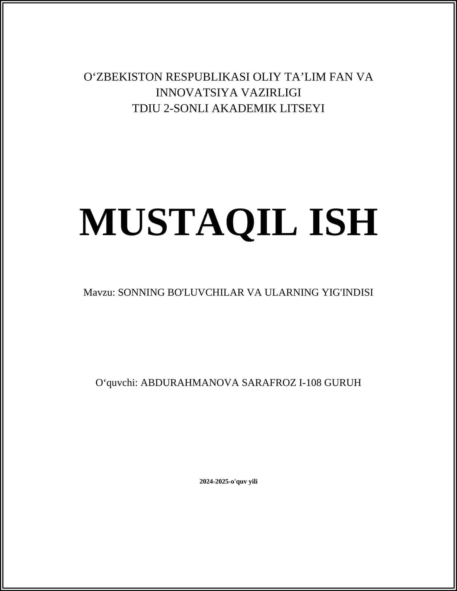 SONNING BO'LUVCHILAR VA ULARNING YIG'INDISI 1
