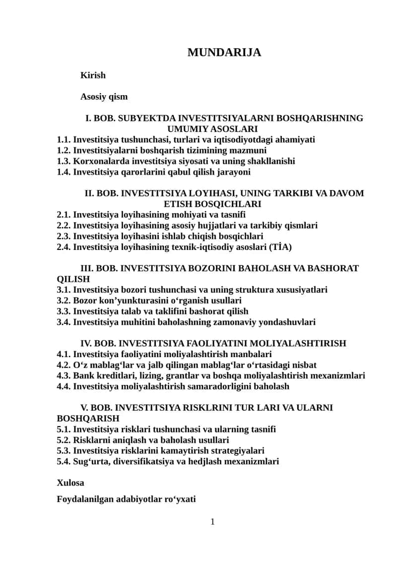 Investitsiyalar va moliyalashtirish 1