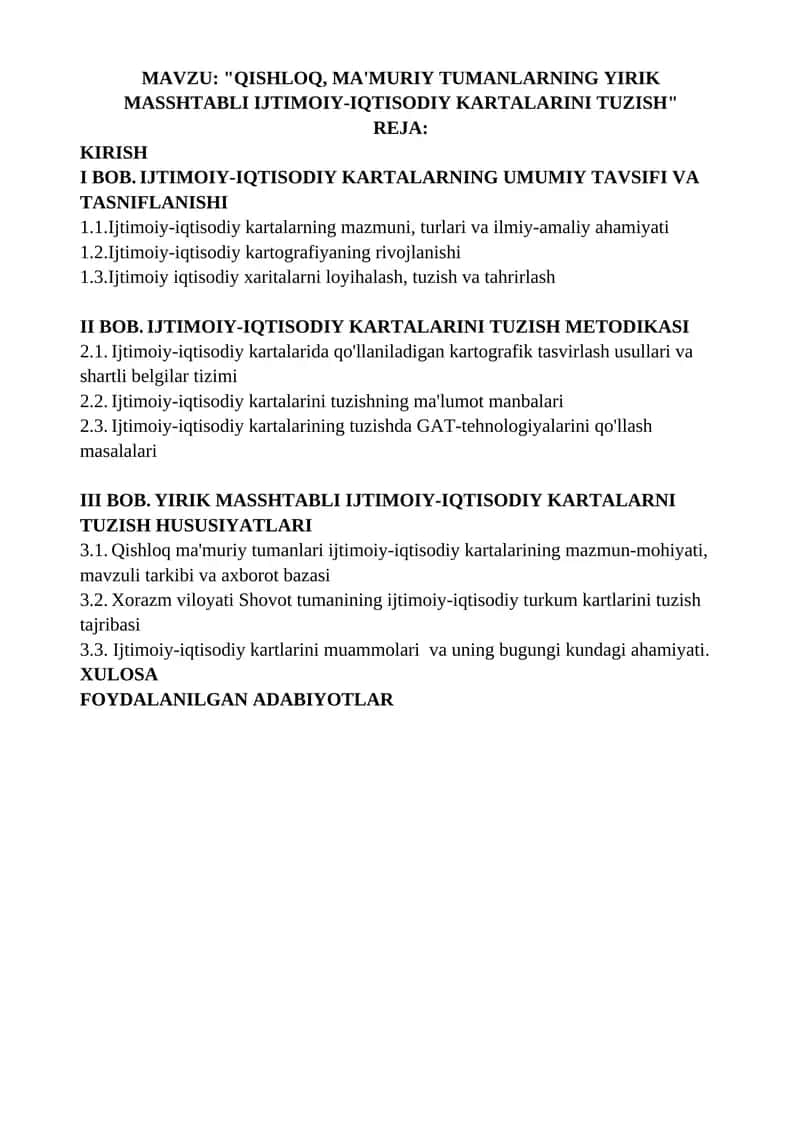 QISHLOQ, MA'MURIY TUMANLARNING YIRIK MASSHTABLI IJTIMOIY-IQTISODIY KARTALARINI TUZISH 1
