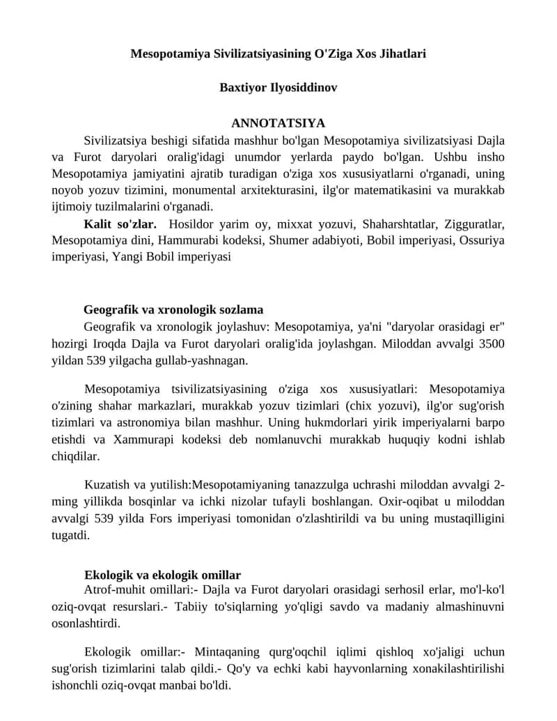 Mesopotamiya Sivilizatsiyasining O'Ziga Xos Jihatlari 1