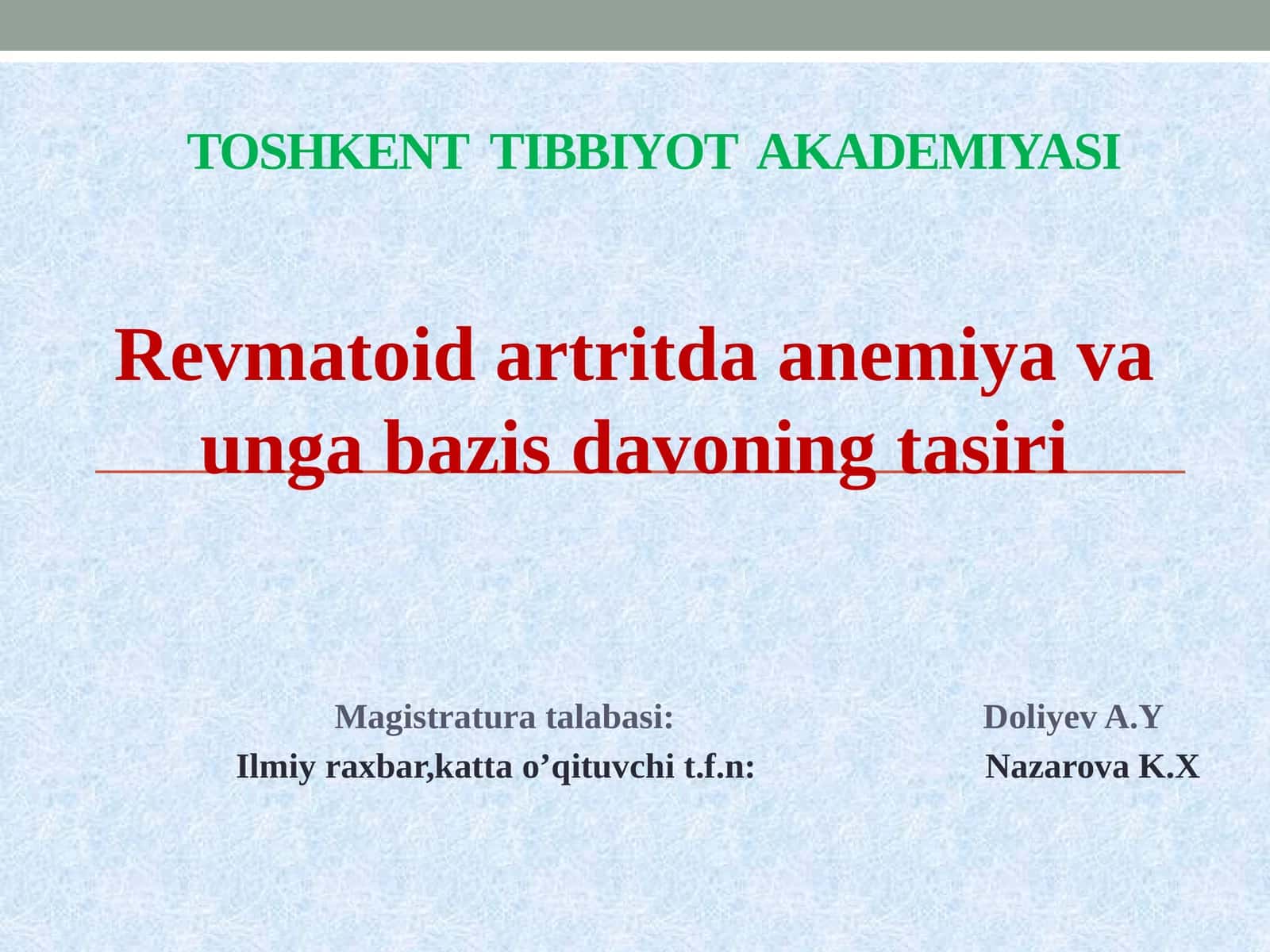 Revmatoidartritda anemiya va unga bazis davoning ta'siri 1