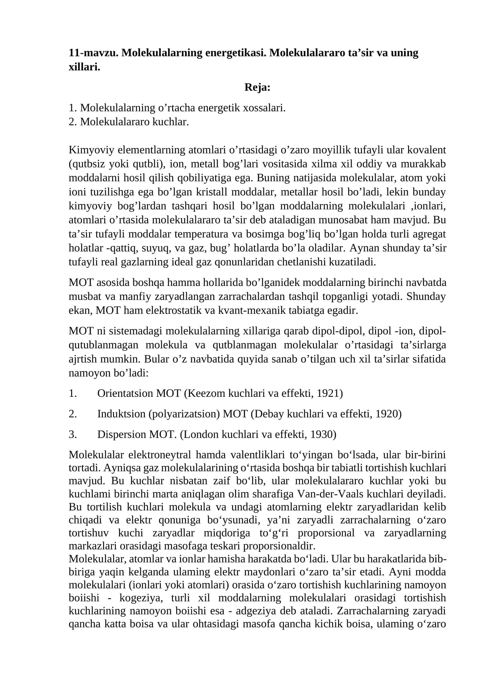 Molekulalarning energetikasi. Molekulalararo ta’sir va uning xillari 1