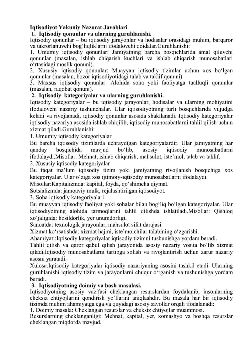 Umumiy iqtisodiyot fanidan yakuniy nazorat javoblari 1