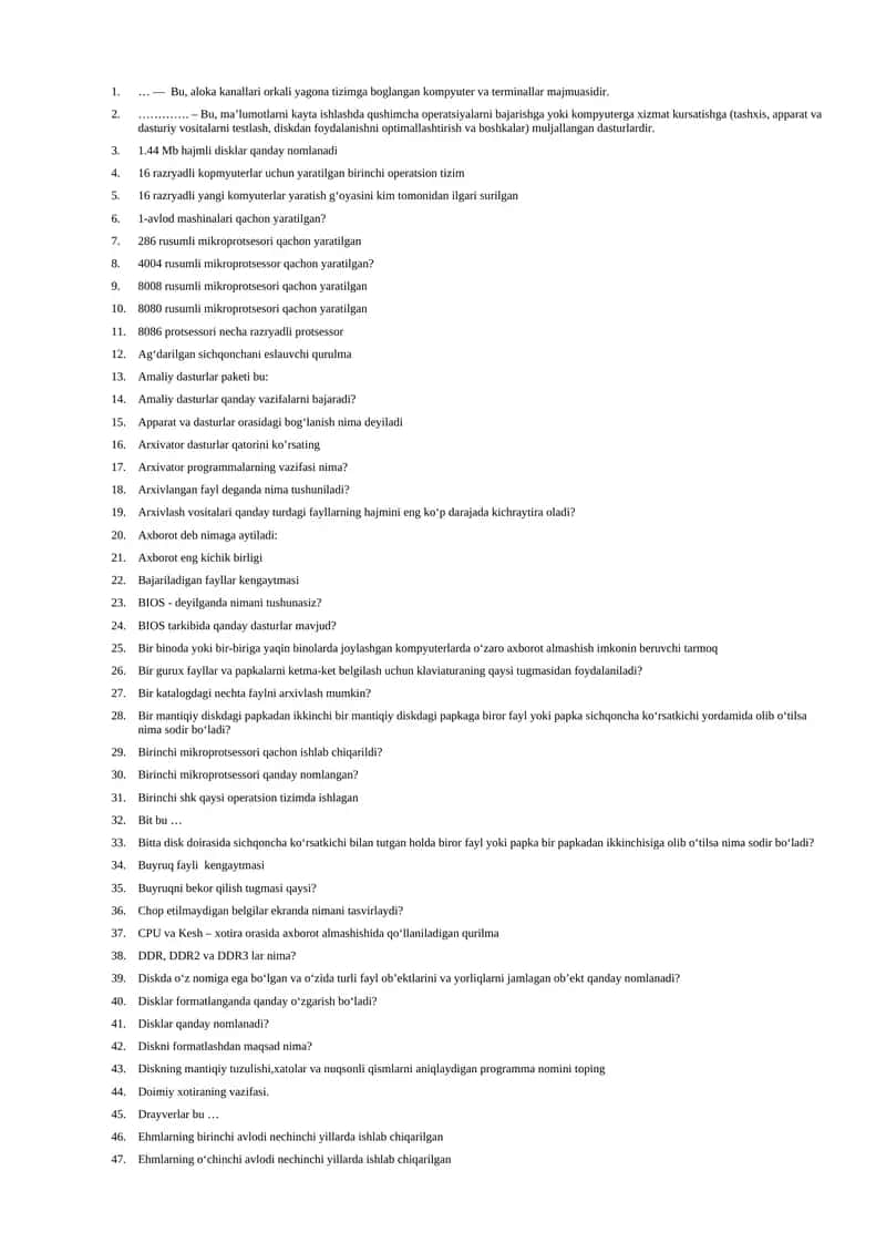 Informatika fanidan test savollari 1