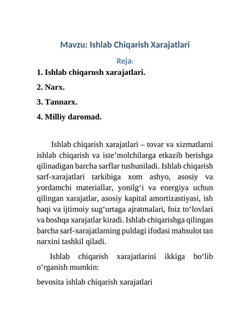 Ishlab Chiqarish Xarajatlari 1
