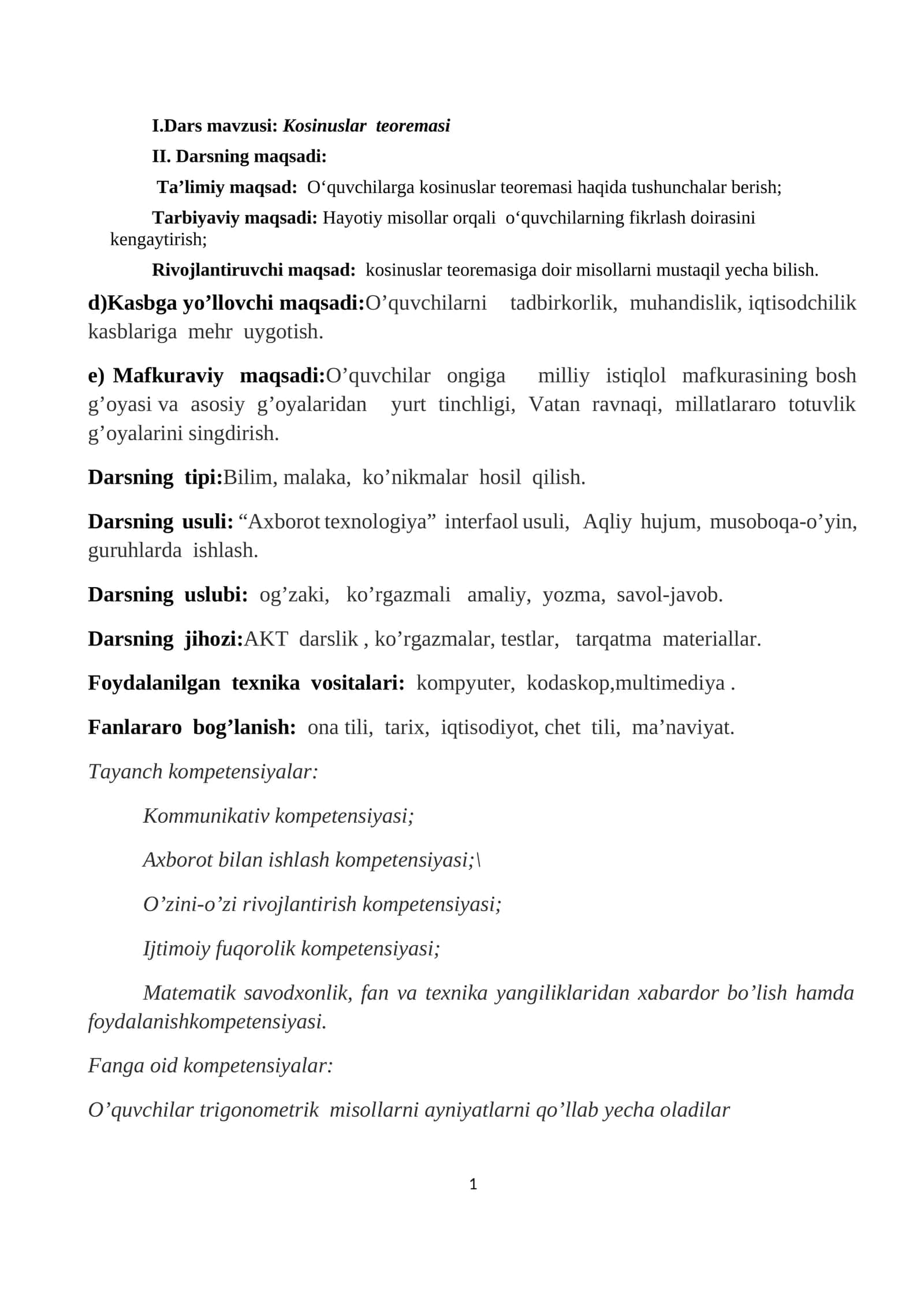 9-sinf Geometriya fanidan Kosinuslar teoremasi mavzusida ochiq dars ishlanma 1