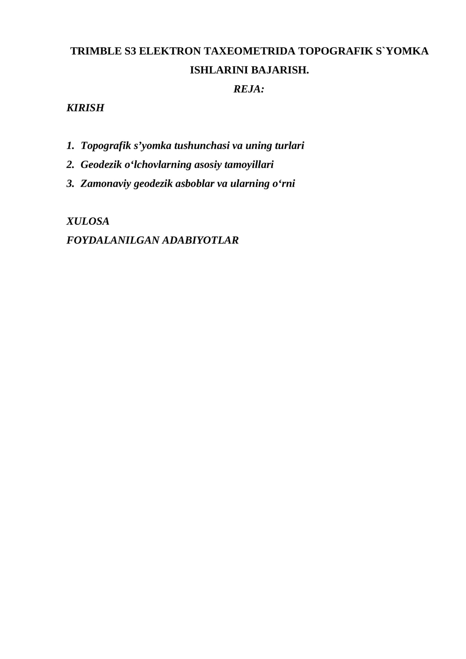 TRIMBLE S3 ELEKTRON TAXEOMETRIDA TOPOGRAFIK S`YOMKA ISHLARINI BAJARISH. 1