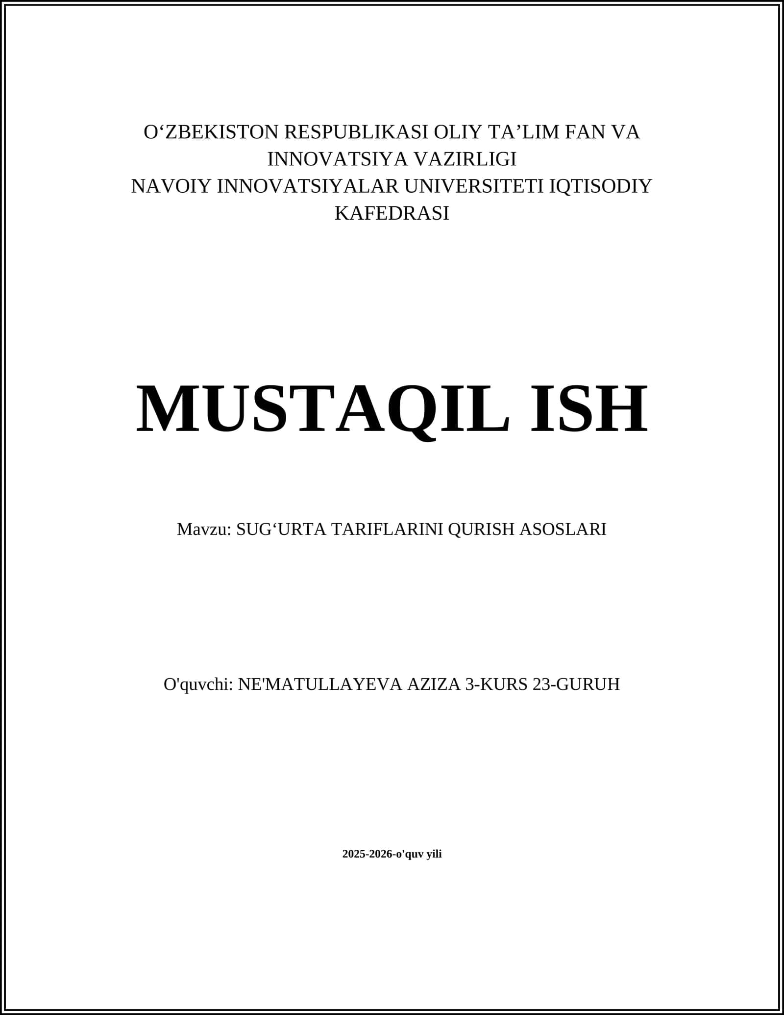 SUGʻURTA TARIFLARINI QURISH ASOSLARI 1