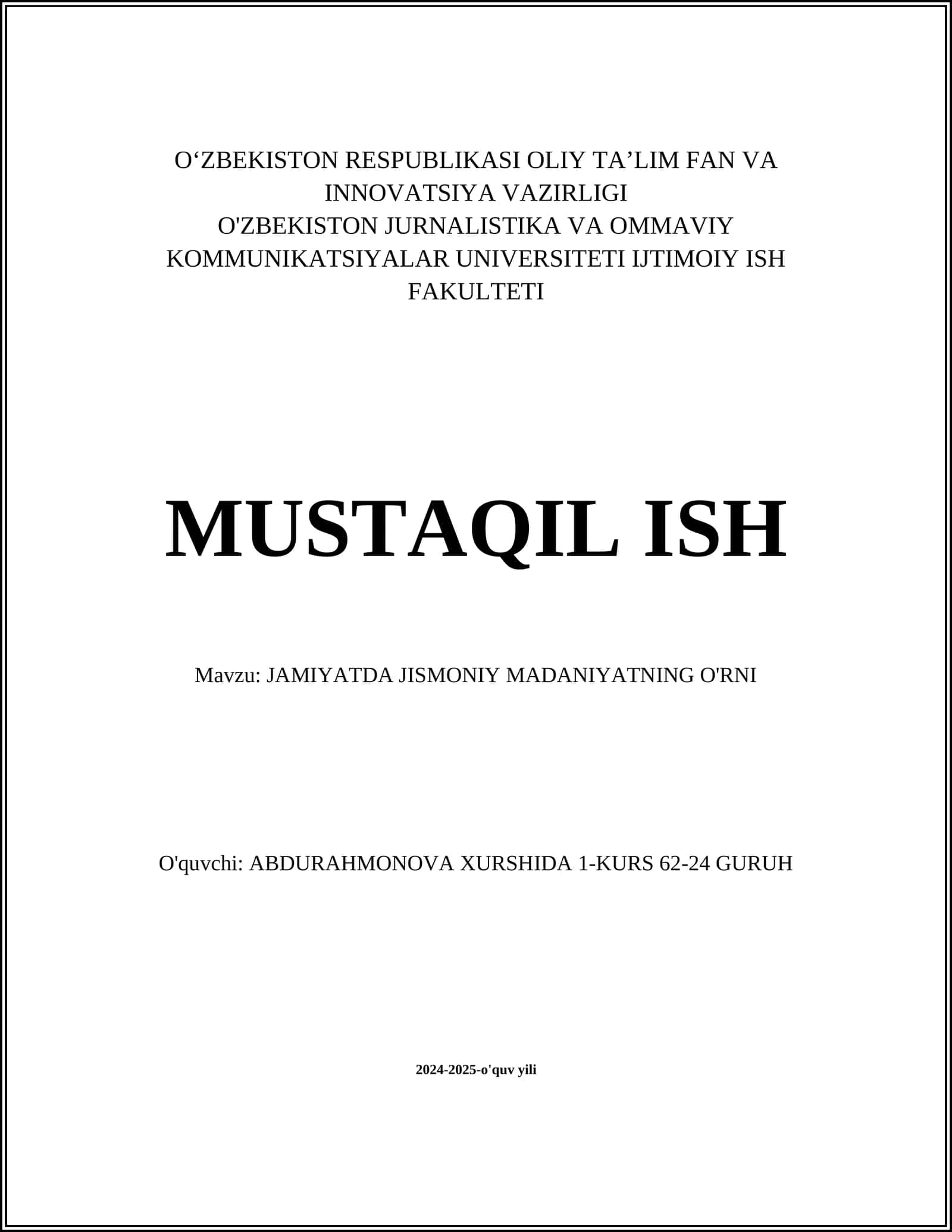 JAMIYATDA JISMONIY MADANIYATNING O'RNI 1