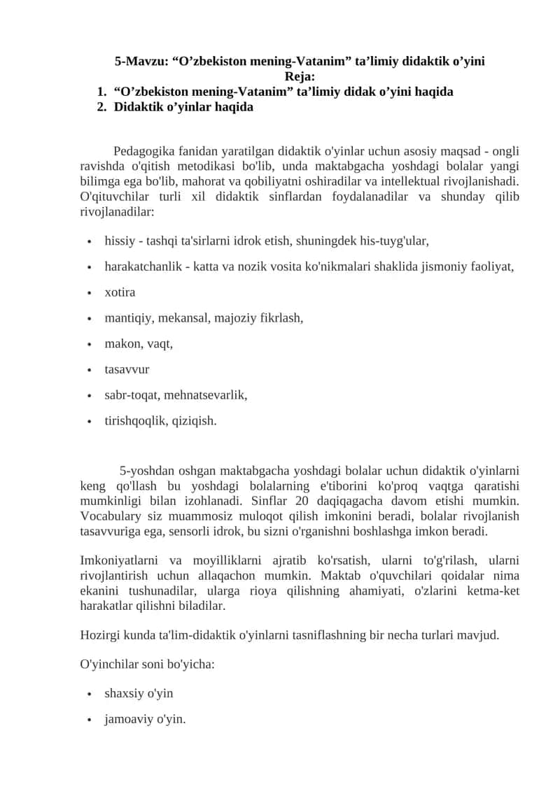 “O’zbekiston mening-Vatanim” ta’limiy didaktik o’yini 1