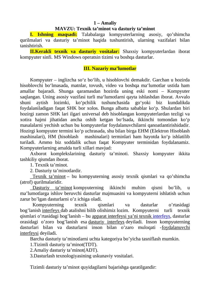 Texnik ta’minot va dasturiy ta’minot 1